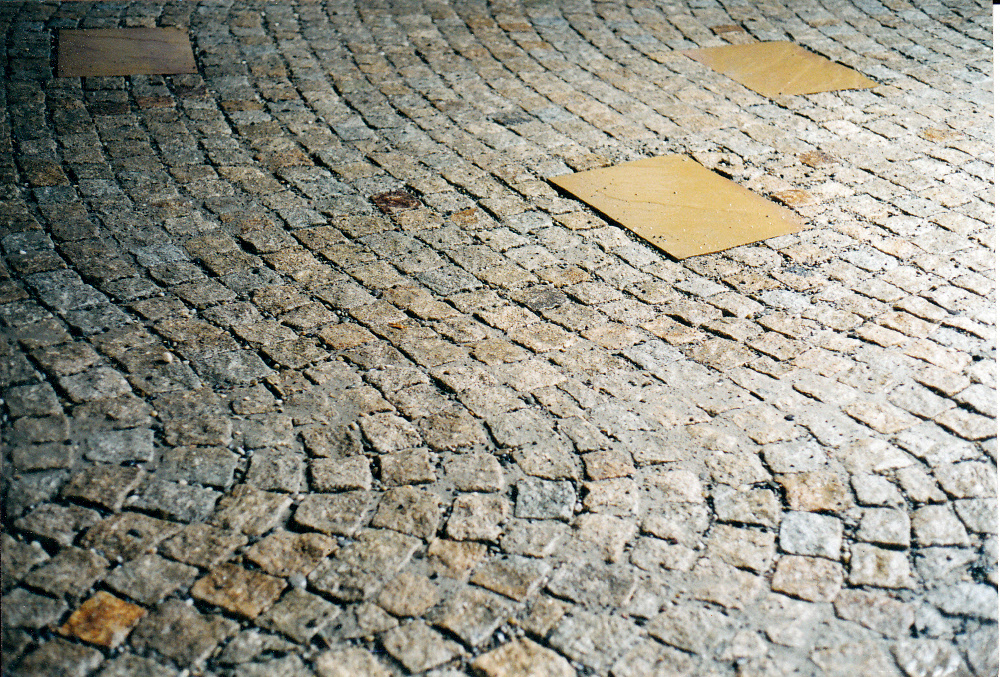 Pflaster Natursteinpflaster Reihenpflaster aus Granit in geschwungenen Bögen mit eingelegten Sandsteinplatten