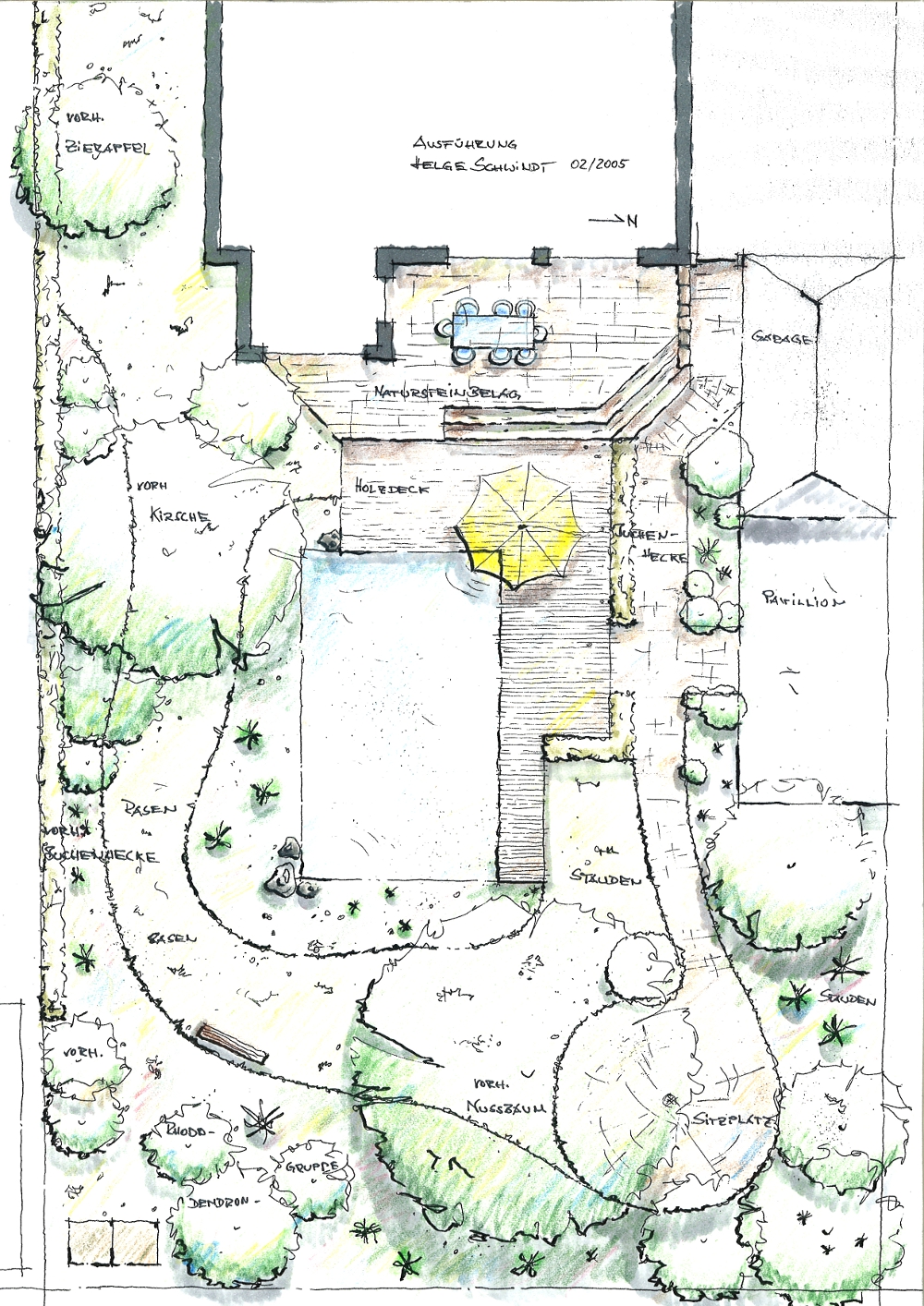Gartenplanung: Badeteich mit Holzdeck. Terrasse mit Naturstein-Platten