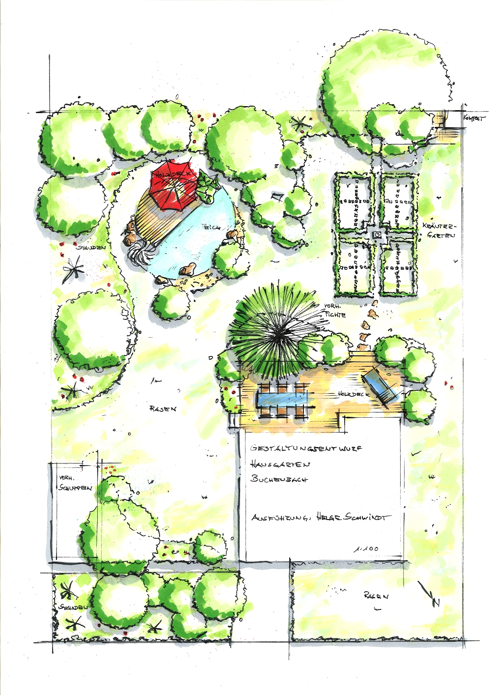 Gartenplanung: Holzterrasse und kleiner Teich mit Sitzplatz. Kräutergarten mit Buchseinfassung