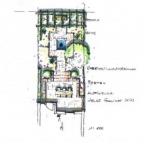 Gartenplanung: Reihenhaus-Garten mit Pergola. Tiefterrasse, Treppe und Weg aus Klinker-Pflaster