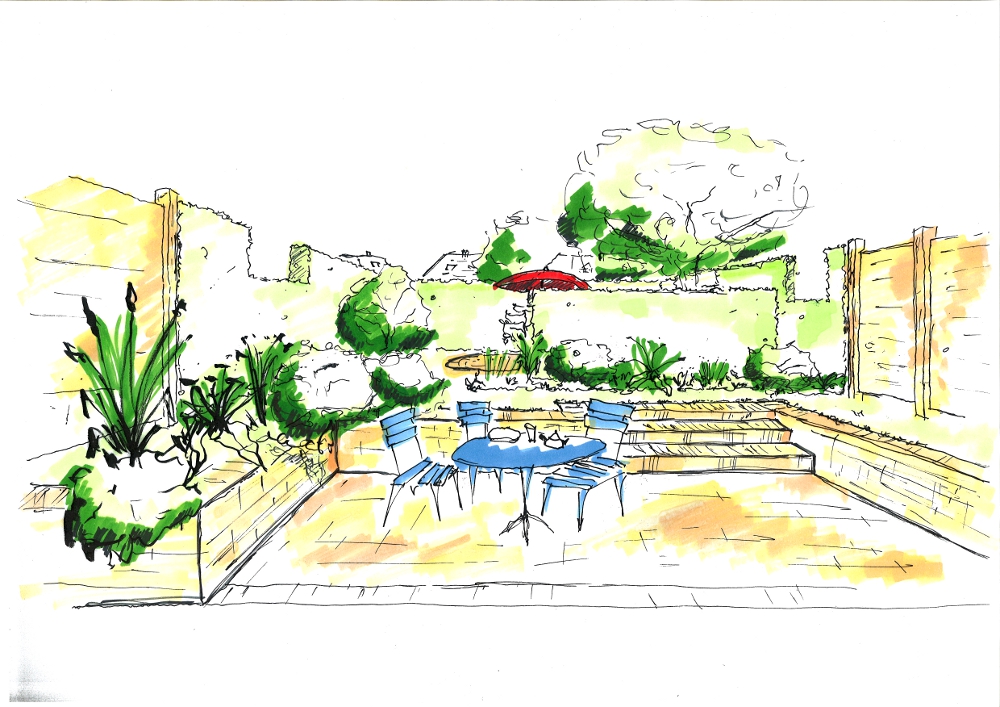 Gartenplanung: Blick von der Tiefterrasse in den Reihenhausgarten. Eibenhecken als Raumteiler